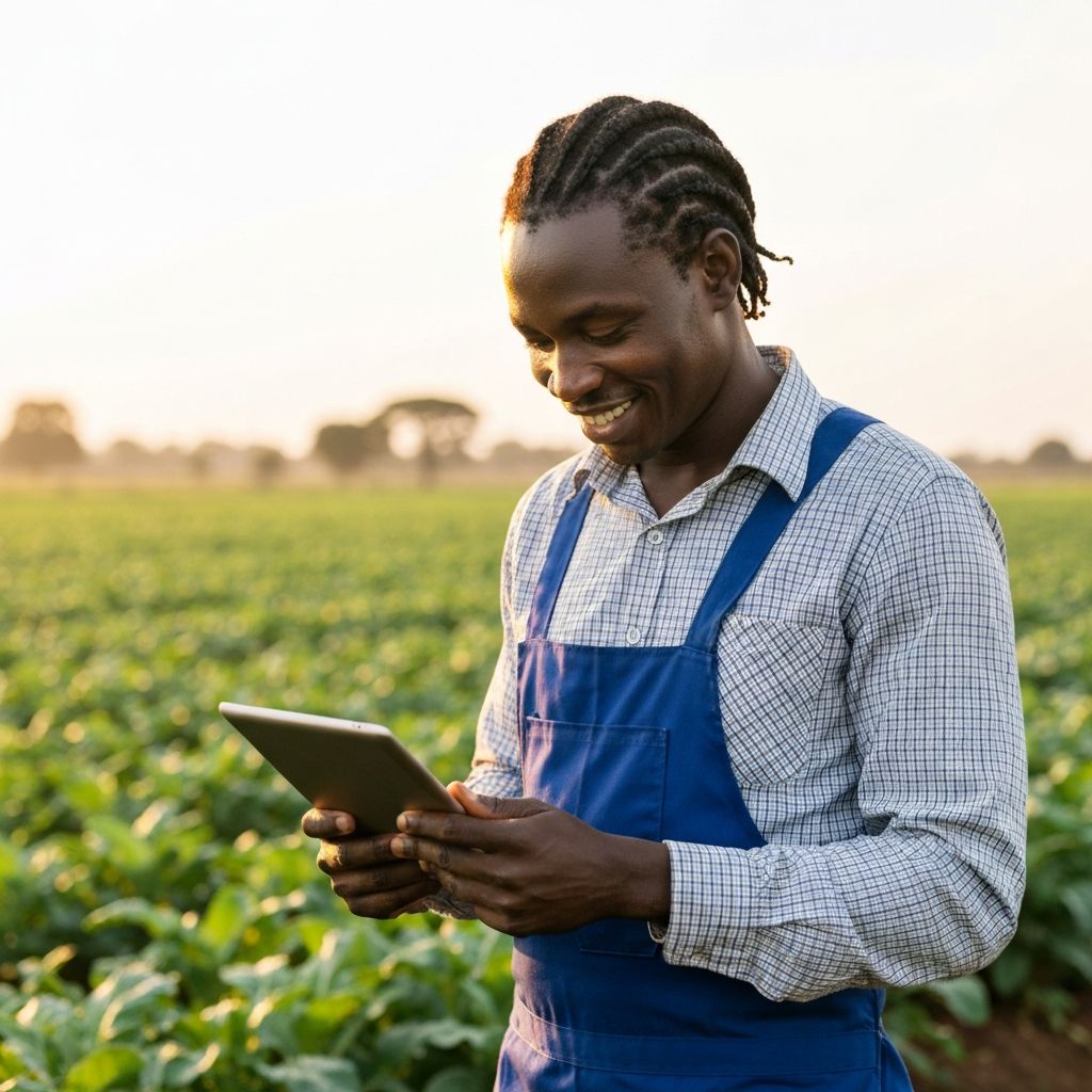 African farmer using tablet technology in crop field