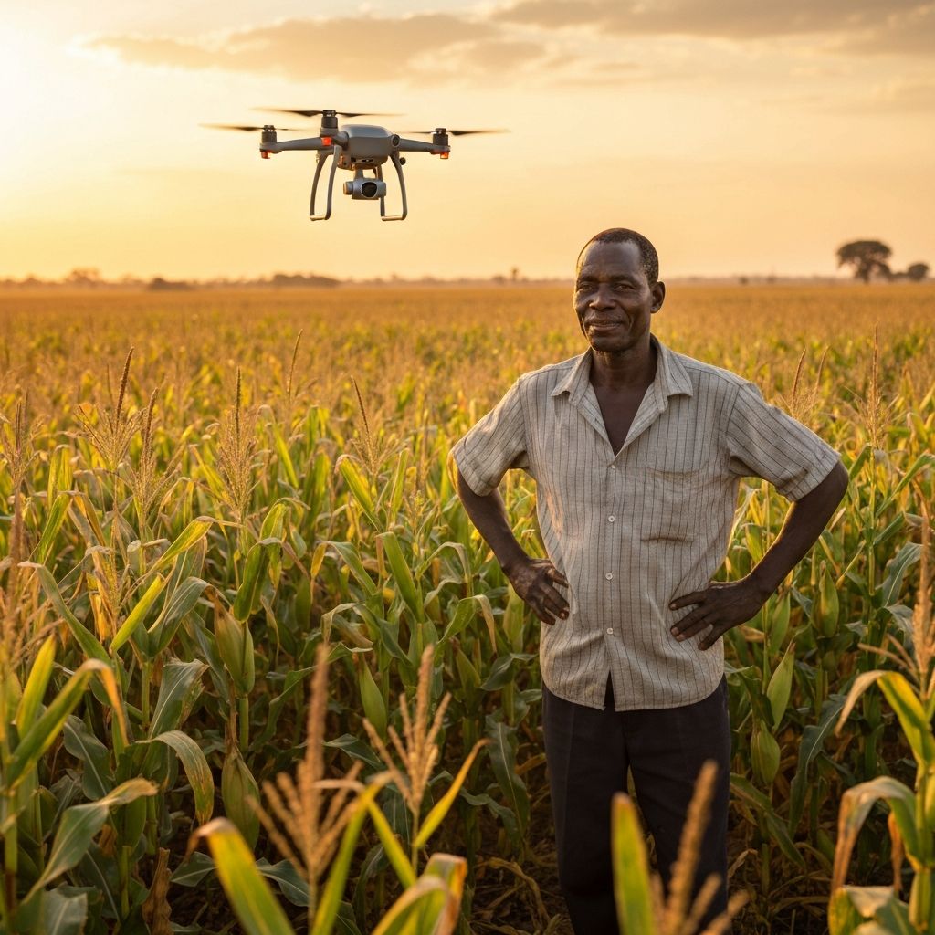 African farmer with drone technology in maize field